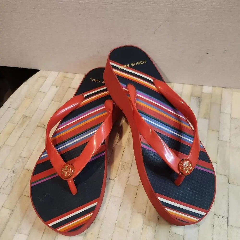 Tory Burch navy and red striped rubber wedge flip-flop sandals
